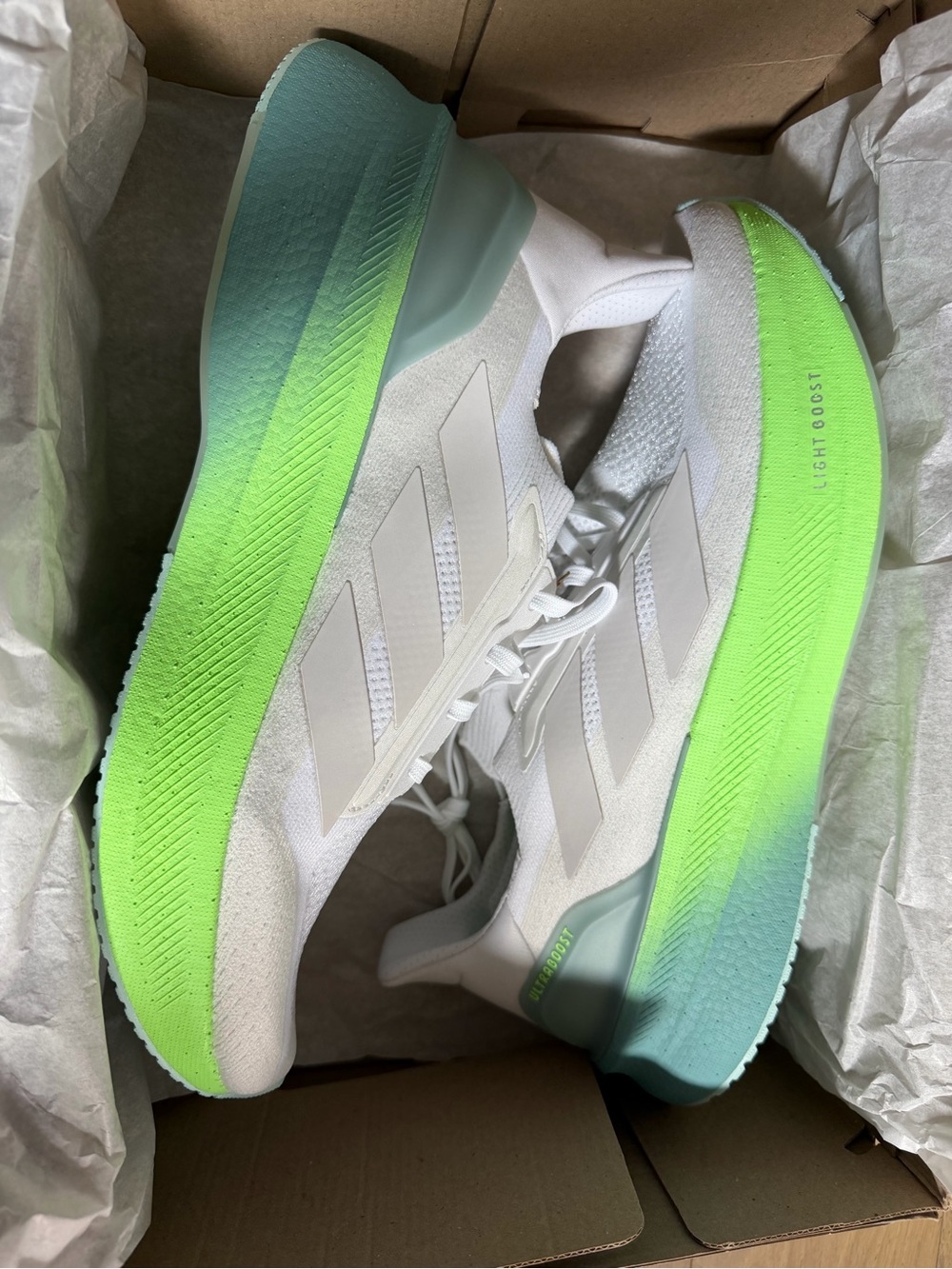 adidas men White Running Shoes with Neon Green-to-Teal Gradient Sole